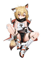 Rule 34 | 1girl, absurdres, animal ear fluff, animal ears, arknights, bandage on knee, black cape, black shorts, blonde hair, blush, breasts, bright pupils, cape, fox ears, fox girl, fox tail, full body, hair between eyes, hair ornament, hairclip, highres, hood, hood down, hooded cape, infection monitor (arknights), jewelry, looking at viewer, material growth, necklace, orange eyes, oripathy lesion (arknights), shirt, shoes, short hair, shorts, simple background, small breasts, solo, spread legs, strapless, suye, tail, thigh strap, tooth necklace, tube top, two-sided cape, two-sided fabric, vermeil (arknights), white background, white footwear, white pupils, white shirt