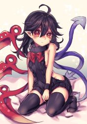 Rule 34 | 1girl, absurdres, ahoge, asymmetrical wings, backless outfit, black hair, black sweater, black thighhighs, bow, bowtie, breasts, dress, full body, halterneck, highres, houjuu nue, kneeling, kyouda suzuka, looking at viewer, medium breasts, meme attire, naked sweater, pointy ears, red bow, red bowtie, red eyes, ribbed sweater, sketch, solo, sweater, sweater dress, thighhighs, touhou, turtleneck, turtleneck sweater, uneven eyes, virgin killer sweater, wings