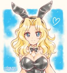 Rule 34 | 1girl, animal ears, artist name, black bow, black bowtie, black leotard, blonde hair, blue eyes, bow, bowtie, breasts, cleavage, closed mouth, collar, commentary, dated, detached collar, fake animal ears, girls und panzer, hair intakes, heart, kay (girls und panzer), kuromori yako, large breasts, leotard, long hair, looking at viewer, one-hour drawing challenge, playboy bunny, rabbit ears, smile, solo, strapless, strapless leotard, upper body, white collar, wing collar