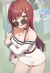 1girl, ^^^, absurdres, bag, bare shoulders, black choker, choker, collarbone, dress, eyebrows visible through hair, highres, holding, holding bag, idolmaster, idolmaster shiny colors, jewelry, long hair, looking at viewer, necklace, osaki amana, open mouth, red hair, round eyewear, solo, standing, sunglasses, thighs, wanimaru, white dress, yellow eyes