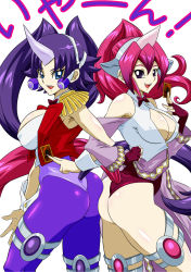 Rule 34 | 2girls, ass, ass-to-ass, blue eyes, bow, bowtie, bracelet girls, breasts, card, detached sleeves, duel monster, epaulettes, fingerless gloves, gloves, headgear, hiiragi yuzu, jewelry, large breasts, leotard, long hair, midriff, multiple girls, navel, open mouth, performapal corn, performapal uni, ponytail, purple eyes, purple hair, red hair, serena (yu-gi-oh!), shiny clothes, shiny skin, smile, straw (yokubou hiroba), twintails, very long hair, yu-gi-oh!