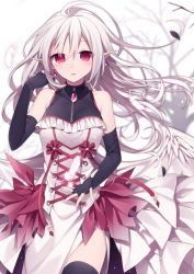 Rule 34 | 1girl, angel wings, black gloves, black thighhighs, breasts, cleavage, dress, earrings, elbow gloves, fingerless gloves, gloves, hand in own hair, hijiri (resetter), jewelry, long hair, md5 mismatch, medium breasts, original, pink eyes, pointy ears, resolution mismatch, see-through, side slit, silver hair, sleeveless, sleeveless dress, solo, source larger, thighhighs, very long hair, white dress, wings, zettai ryouiki
