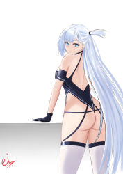 Rule 34 | 1girl, ass, azur lane, backless outfit, bare shoulders, between buttocks, black gloves, blue eyes, breasts, eiundmarmalade, from behind, gloves, highres, large breasts, long hair, looking at viewer, looking back, official alternate costume, race queen, shoukaku (azur lane), shoukaku (sororal wings) (azur lane), signature, simple background, solo, standing, thighhighs, very long hair, white background, white hair, white thighhighs