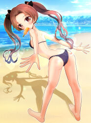 Rule 34 | 1girl, ass, bikini, black bikini, blush, breasts, brown eyes, brown hair, butt crack, food, food in mouth, girls und panzer, highres, kadotani anzu, kumaisao, long hair, ocean, outdoors, popsicle, popsicle in mouth, small breasts, solo, swimsuit