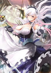 Rule 34 | 1girl, absurdres, apron, azur lane, belfast (azur lane), blue eyes, braid, breasts, cleavage, collar, commentary request, french braid, highres, large breasts, long hair, looking at viewer, maid headdress, oretoreon, skirt hold, smile, solo, underbust, v-shaped eyebrows, vambraces, waist apron, white hair