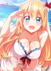 Rule 34 | 1girl, absurdres, beach, bikini, blonde hair, blue eyes, blue sky, breasts, cleavage, cloud, commentary request, cowboy shot, day, flower, front-tie top, hair flower, hair ornament, highres, large breasts, long hair, looking at viewer, low twintails, open mouth, outdoors, pecorine (princess connect!), pecorine (summer) (princess connect!), princess connect!, rose, salute, side-tie bikini bottom, sky, smile, solo, swimsuit, twintails, washizuka shou, white bikini, yellow flower, yellow rose