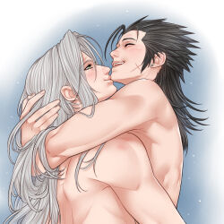 2boys arms_around_neck black_hair blush chin_kiss closed_eyes closed_mouth commentary earrings final_fantasy final_fantasy_vii green_eyes grey_hair hands_in_hair highres hug jewelry kiss laughing linlin6 long_hair male_focus multiple_boys nude open_mouth sephiroth slit_pupils spiked_hair symbol-only_commentary yaoi zack_fair