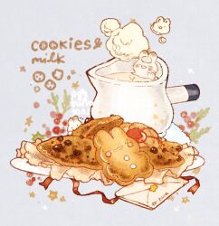 Rule 34 | :3, animal hands, berry, blue background, blush stickers, chocolate chip cookie, christmas, closed mouth, commentary, cookie, cup, english commentary, english text, envelope, food, food focus, gingerbread man, highres, holding, holding towel, icing, in container, in cup, leaf, milk, mistletoe, nao (bestrollever), napkin, open mouth, original, partially submerged, plate, rabbit, red ribbon, ribbon, smile, solid circle eyes, sparkle, star (symbol), steam, towel