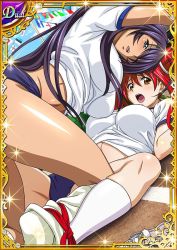 Rule 34 | 00s, 2girls, breasts, card (medium), female focus, gym uniform, hair ornament, ikkitousen, kanpei, large breasts, legs, long hair, long twintails, looking at viewer, lying, multiple girls, outdoors, red hair, sky, smile, twintails, uniform