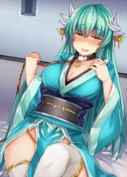 Rule 34 | 1girl, aqua hair, bad id, bad pixiv id, blush, breasts, cleavage, collar, dragon horns, fate/grand order, fate (series), foreshortening, hair ornament, horns, japanese clothes, kimono, kiyohime (fate), large breasts, leash, long hair, long sleeves, looking at viewer, nose blush, obi, open mouth, pelvic curtain, sabujiroko, sash, sitting, smile, solo, thighhighs, white thighhighs, wide sleeves, yellow eyes