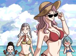 Rule 34 | 4girls, absurdres, bikini, black clover, breasts, charmy pappitson, cleavage, grey (black clover), hat, highres, large breasts, long hair, looking at viewer, multiple girls, navel, noelle silva, pink hair, smile, swimsuit, twintails, vanessa enoteca, water