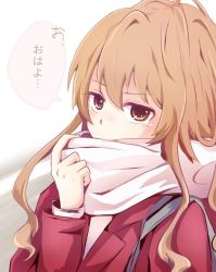 Rule 34 | 1girl, adjusting scarf, aisaka taiga, bag, brown eyes, brown hair, commentary request, jacket, long hair, long sleeves, looking at viewer, pink scarf, red jacket, scarf, shoulder bag, sidelocks, solo, toradora!, translation request, upper body, zxzmio