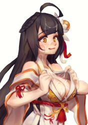 Rule 34 | 1girl, ahoge, apsara (elsword), ara haan, bare shoulders, berg-yb, black hair, blush, braid, breasts, cleavage, clothes lift, cum, cum on body, cum on breasts, cum on hair, cum on upper body, elsword, facial, hair ornament, hairpin, large breasts, long hair, open mouth, solo, upper body, yellow eyes