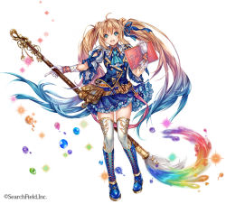 Rule 34 | 1girl, blonde hair, blue eyes, blue hair, dress, frills, gloves, gradient hair, long hair, looking at viewer, madogawa, matching hair/eyes, multicolored hair, official art, original, oversized object, paintbrush, sketchbook, smile, solo, thighhighs, twintails, very long hair, zettai ryouiki