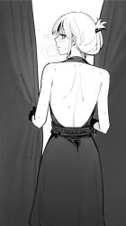 Rule 34 | 1girl, an-94 (girls&#039; frontline), an-94 (silent rouge) (girls&#039; frontline), backless dress, backless outfit, bare shoulders, blush, dress, folded ponytail, girls&#039; frontline, gloves, greyscale, huqu, looking at viewer, monochrome, parted lips, solo, sweat