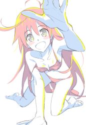 Rule 34 | 1girl, :d, absurdres, all fours, bare arms, bare legs, bare shoulders, barefoot, blush stickers, bra, breasts, flip flappers, foreshortening, fukushi ryouhei, grey eyes, hair between eyes, highres, long hair, looking at viewer, off shoulder, open mouth, pale color, panties, papika (flip flappers), partially colored, pink bra, pink hair, pink panties, reaching, reaching towards viewer, simple background, small breasts, smile, solo, underwear, underwear only, white background