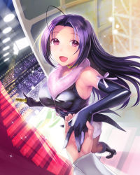 Rule 34 | 1girl, ahoge, bare shoulders, breasts, elbow gloves, foreshortening, gloves, highres, holding hands, idolmaster, idolmaster (classic), jewelry, looking at viewer, md5 mismatch, microphone, miura azusa, necklace, nekomata naomi, perspective, pink eyes, pov, purple hair, sideboob, smile, solo, solo focus, tears