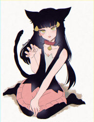 Rule 34 | 1girl, animal ear fluff, animal ears, bell, black hair, black nails, black socks, blunt bangs, cat ears, cat girl, cat tail, choker, collar, collarbone, creatures (company), curled fingers, dawn (pokemon), extra ears, eyelashes, fang, fangs, fingernails, game freak, hair ornament, hairclip, hand up, highres, jingle bell, kneeling, long hair, looking at viewer, mokorei, neck bell, nintendo, no headwear, open mouth, paw pose, pink skirt, pokemon, pokemon adventures, sharp fingernails, shirt, sidelocks, skirt, sleeveless, slit pupils, socks, solo, tail, tail raised, yellow eyes