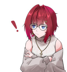 Rule 34 | ange katrina, ange katrina (5th costume), annoyed, blue eyes, chamaji, clothing cutout, crossed arms, earrings, frilled shirt collar, frills, furrowed brow, glasses, hair between eyes, hair intakes, highres, jewelry, looking to the side, necklace, nijisanji, pout, puffy sleeves, red hair, short hair, shoulder cutout, triangle hair ornament, virtual youtuber
