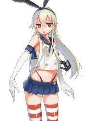 Rule 34 | 10s, 1girl, anchor hair ornament, blonde hair, brown eyes, crop top, crop top overhang, elbow gloves, gloves, hair ornament, hip focus, kantai collection, midriff, navel, open mouth, seramikku, shimakaze (kancolle), skindentation, skirt, solo, striped clothes, striped thighhighs, thighhighs