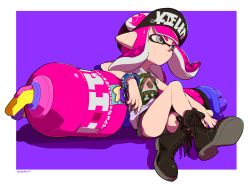 Rule 34 | 1girl, absurdres, artist name, baseball cap, black footwear, black hat, black shorts, blunt bangs, boots, bracelet, closed mouth, clothes writing, commentary, cross-laced footwear, dolphin shorts, elbow rest, grey eyes, gym shorts, hat, heavy splatling (splatoon), highres, inkling, inkling (language), inkling girl, inkling player character, invisible chair, jewelry, lace-up boots, leaning back, leaning on object, light frown, looking away, medium hair, nintendo, otoboke-san, outside border, pink hair, pointy ears, print headwear, print shirt, purple background, purple shirt, shadow, shirt, short shorts, short sleeves, shorts, signature, simple background, sitting, solo, spiked bracelet, spikes, splatoon (series), splatoon 2, t-shirt, tentacle hair