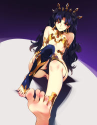 Rule 34 | 1girl, anklet, anus, arm support, armlet, artist name, bare shoulders, barefoot, black hair, black panties, blush, bow, breasts, cleavage, commentary, dark background, earrings, fate/grand order, fate (series), feet, feguimel, foot focus, hair bow, highres, hoop earrings, ishtar (fate), jewelry, light blush, long hair, looking at viewer, panties, panty pull, pussy, pussy peek, red eyes, revealing clothes, single thighhigh, sitting, small breasts, smile, soles, solo, sweatdrop, thighhighs, toeless legwear, toes, twintails, underwear, very long hair