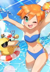 Rule 34 | 1girl, ;d, absurdres, bikini, blue bikini, blush, cloud, collarbone, commentary request, creatures (company), day, eyelashes, game freak, gen 1 pokemon, green eyes, hair tie, highres, misty (pokemon), navel, nintendo, one eye closed, one side up, open mouth, orange hair, outdoors, pokemon, pokemon (anime), pokemon (creature), pokemon sm042, pokemon sm (anime), psyduck, skindentation, sky, smile, swimsuit, taisa (lovemokunae), teeth, tongue, wading, water