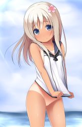 Rule 34 | 10s, 1girl, blonde hair, blue eyes, blush, bottomless, cleft of venus, clothes pull, cloud, cloudy sky, collarbone, crop top, day, flower, hair flower, hair ornament, haryuu (poetto), highres, kantai collection, long hair, neckerchief, no panties, outdoors, pussy, ro-500 (kancolle), school uniform, serafuku, shirt pull, sky, sleeveless, smile, solo, tan, tanline