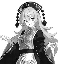 Rule 34 | 1girl, chinese clothes, dress, greyscale, hair between eyes, junko (touhou), long hair, long sleeves, looking at viewer, monochrome, onkn sxkn, open mouth, phoenix crown, simple background, smile, solo, tabard, touhou, upper body, white background, wide sleeves