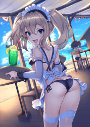 Rule 34 | 2girls, :d, apron, ass, bad id, bad tumblr id, beach, bikini, black bikini, blonde hair, blue eyes, blue sky, blush, bow, breasts, brown hair, chair, cloud, commentary request, cup, day, detached sleeves, drinking straw, fang, hair between eyes, hair bow, highres, lips, long hair, looking at viewer, looking back, maid headdress, multiple girls, ocean, open mouth, original, pokachu, side-tie bikini bottom, sky, small breasts, smile, solo focus, standing, sweat, swimsuit, table, thighhighs, tray, tropical drink, twintails, water, white apron, white legwear, wrist cuffs