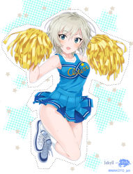 Rule 34 | 10s, 1girl, :d, anastasia (idolmaster), bare shoulders, blue eyes, blush, breasts, cheerleader, commentary request, dotted line, halftone, halftone background, idolmaster, idolmaster cinderella girls, looking at viewer, mizuki makoto, open mouth, pom pom (cheerleading), shoes, short hair, silver hair, skirt, smile, sneakers, solo, sweat, twitter username, upskirt