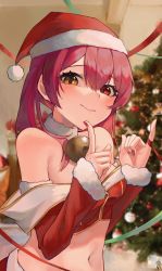 Rule 34 | 1girl, absurdres, alternate breast size, bare shoulders, bell, blush, breasts, christmas, christmas tree, cleavage, closed mouth, collarbone, fur collar, fur trim, hair between eyes, hat, heterochromia, highres, hololive, houshou marine, index finger raised, indoors, jingle bell, long hair, long sleeves, looking at viewer, may.l, medium breasts, midriff, multicolored nails, nail polish, navel, neck bell, pinky out, red eyes, red hair, ribbon, santa costume, santa hat, smile, solo, twintails, upper body, virtual youtuber