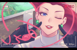 Rule 34 | 1girl, battery indicator, black gloves, blue eyes, commentary request, creatures (company), dated, earrings, eyelashes, game freak, gloves, hands up, heart, highres, holding, holding pen, index fingers raised, jessie (pokemon), jewelry, lipstick, long hair, looking at viewer, makeup, nintendo, one eye closed, pen, pokemon, pokemon (anime), recording, red hair, red lips, ruru (gi xxy), solo, team rocket, team rocket uniform, viewfinder