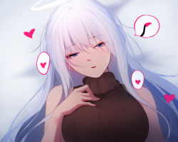 Rule 34 | 1girl, bare shoulders, blue eyes, blush, breasts, brown sweater, demon tail, hair between eyes, halo, hand up, heart, highres, long hair, medium breasts, original, parted lips, ribbed sweater, saliva, shimmer, sleeveless, sleeveless sweater, sleeveless turtleneck, solo, speech bubble, spoken heart, sweater, tail, tears, turtleneck, turtleneck sweater, upper body, white hair