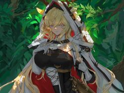 1girl animal_ears antlers arknights black_dress blonde_hair blue_eyes branch breasts cloak deer_ears deer_girl dress highres hood horns lanshan large_breasts long_hair looking_at_viewer solo tree_shade upper_body very_long_hair viviana_(arknights) white_cloak