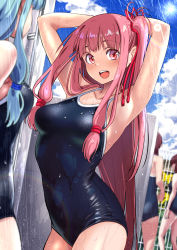 Rule 34 | 4girls, :d, armpits, arms up, black one-piece swimsuit, blue hair, blue sky, breasts, cloud, collarbone, commentary request, competition school swimsuit, covered navel, day, hair ribbon, highres, kotonoha akane, lens flare, long hair, looking at viewer, multiple girls, one-piece swimsuit, open mouth, outdoors, pink eyes, pink hair, presenting armpit, ribbon, school swimsuit, showering, sidelocks, sky, small breasts, smile, solo focus, standing, swimsuit, taut clothes, taut swimsuit, teeth, tying hair, upper teeth only, voiceroid, wakana hanabi, wet