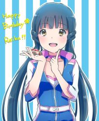 Rule 34 | 1girl, belt, birthday, blue background, blue hair, blue sleeves, blue track suit, blunt bangs, breasts, character name, choker, cleavage, collarbone, commentary request, english text, eyelashes, finger to own chin, fingernails, happy birthday, holding, holding toy, idolmaster, idolmaster million live!, kitakami reika, light blush, long hair, long sleeves, looking at viewer, low twintails, open mouth, outline, pink choker, shirt, sleeves past elbows, small breasts, smile, solo, straight-on, straight hair, striped, striped background, teeth, toy, toy car, twintails, two-tone background, two-tone sleeves, upper body, upper teeth only, white background, white belt, white outline, white shirt, white sleeves, witoi (roa), yellow eyes