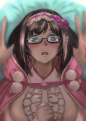 Rule 34 | 152 in can, 1girl, 1other, black-framed eyewear, blush, bow, brown hair, cloak, command spell, commentary request, fate/grand order, fate (series), glasses, hair bow, headband, highres, open mouth, osakabehime (fate), pink cloak, pov, purple bow, purple eyes, semi-rimless eyewear, solo focus