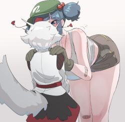 Rule 34 | 2girls, bandaid, bandaid on knee, bandaid on leg, bent over, black skirt, blue eyes, blue hair, breasts, frogsnake, from behind, green headwear, hands on another&#039;s shoulders, hanging breasts, inubashiri momiji, jewelry, kawashiro nitori, kiss, large breasts, looking at another, midriff, multiple girls, necklace, short hair, short shorts, shorts, sidelocks, simple background, size difference, skirt, tank top, thighs, touhou, twintails, white background, white hair, white tank top, wolf girl