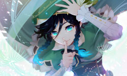 Rule 34 | 1boy, androgynous, beret, black hair, blue hair, bow, braid, brooch, cape, collared cape, collared shirt, commentary request, corset, dandelion seed, finger to mouth, flower, frilled sleeves, frills, gem, genshin impact, gradient hair, green cape, green eyes, green hat, hand on own head, hat, hat flower, highres, jewelry, leaf, light particles, long sleeves, looking at viewer, male focus, multicolored hair, onigiri (mog-o), parted lips, shirt, short hair with long locks, shushing, side braids, sidelocks, simple background, smile, solo, twin braids, venti (genshin impact), white background, white flower, white shirt