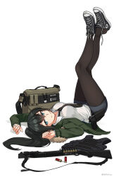Rule 34 | 1girl, absurdres, arms up, beretta 1301, black footwear, black hair, black necktie, black pantyhose, blue eyes, breasts, bulletproof vest, character name, closed mouth, commentary request, crossed legs, full body, green jacket, grey shorts, gun, highres, jacket, long hair, lying, medium breasts, ndtwofives, necktie, on back, open clothes, open jacket, original, pantyhose, pantyhose under shorts, ponytail, shoes, short shorts, shorts, shotgun, shotgun shell, simple background, smile, solo, twitter username, vivian zhao, weapon, white background