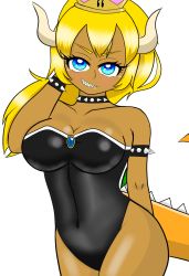 Rule 34 | 1girl, arm behind back, armlet, bare legs, bare shoulders, black leotard, blonde hair, blue eyes, blue gemstone, bowsette, bracelet, breasts, chaoschrome, cleavage, collar, collarbone, covered navel, crown, dark-skinned female, dark skin, female focus, gem, grin, hand on own head, hand up, highres, horns, jewelry, large breasts, large tail, legs, leotard, long hair, looking at viewer, mario (series), monster girl, naughty face, neck, new super mario bros. u deluxe, nintendo, ponytail, sharp teeth, shell, simple background, smile, smug, solo, spiked armlet, spiked bracelet, spiked collar, spiked tail, spikes, standing, strapless, strapless leotard, super crown, super mario bros. 1, tail, teeth, thighs, turtle shell, white background, white horns