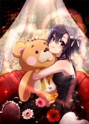 Rule 34 | 1girl, anaroguya, antenna hair, bare shoulders, black dress, black eyes, black hair, blush, bow, breasts, closed mouth, cushion, dress, flower, from side, hair bow, hair ribbon, heart, holding, holding stuffed toy, idolmaster, idolmaster (classic), idolmaster million live!, idolmaster million live! theater days, kikuchi makoto, looking at viewer, nail polish, on chair, petals, pink flower, red flower, red nails, ribbon, short hair, sleeveless, sleeveless dress, small breasts, smile, solo, sparkle, stuffed animal, stuffed toy, teddy bear, transparent curtains, white flower, white ribbon, yellow flower