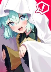 Rule 34 | !, aqua eyes, blush, bright pupils, buttons, collared shirt, diamond button, frilled shirt collar, frilled sleeves, frills, ghost costume, green hair, green skirt, halloween, highres, komeiji koishi, long sleeves, medium hair, open mouth, outstretched arms, red background, shirt, simple background, skirt, smile, spoken exclamation mark, suikario, touhou, white pupils, wide sleeves, yellow shirt