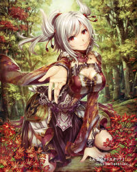 Rule 34 | 1girl, arm support, breasts, cleavage, cleavage cutout, clothing cutout, flower, forest, gabiran, kneeling, looking at viewer, nature, official art, outstretched arm, ponytail, ponytail holder, red eyes, smile, solo, tenkuu no crystalia, tree, white hair