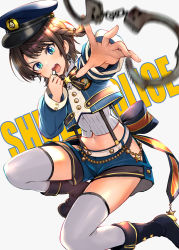 Rule 34 | 1girl, back bow, black footwear, blouse, blue eyes, blue jacket, blue shorts, boots, bow, braid, brown hair, commentary request, cropped jacket, cuffs, english text, eyebrows hidden by hair, full body, grey shirt, grey thighhighs, handcuffs, hat, highres, hip vent, holding, holding whistle, hololive, jacket, knee boots, long sleeves, looking at viewer, midriff, navel, on one knee, oozora subaru, oozora subaru (work), open mouth, police hat, pukara, revision, ribbed shirt, shirt, short hair, short shorts, shorts, side braid, sidelocks, solo, striped clothes, striped shirt, suspender shorts, suspenders, teeth, thighhighs, throwing, upper teeth only, vertical-striped clothes, vertical-striped shirt, virtual youtuber, whistle, white background