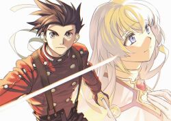 Rule 34 | 1boy, 1girl, blonde hair, blue eyes, brown eyes, brown hair, choker, closed mouth, colette brunel, dual wielding, gloves, hand on own chest, highres, holding, holding sword, holding weapon, jewelry, light smile, lloyd irving, long hair, looking at viewer, looking up, pants, red gloves, red shirt, sagami jon, shirt, short hair, smile, suspenders, sword, tales of (series), tales of symphonia, v-shaped eyebrows, weapon, white background, white gloves