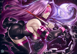 Rule 34 | 1girl, ass, black thighhighs, bodysuit, breasts, chain, elbow gloves, eyepatch, fate/grand order, fate/stay night, fate (series), gloves, highres, holding, holding weapon, incoming attack, large breasts, long hair, medusa (fate), medusa (rider) (fate), moon, purple hair, smile, solo, the golden smurf, thighhighs, weapon
