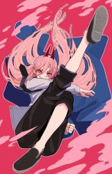 Rule 34 | 1girl, black pants, blue jacket, chainsaw man, collared shirt, eyebrows, eyelashes, falling, fang, fangs, hair between eyes, horns, jacket, long hair, necktie, pants, pink background, pink hair, power (chainsaw man), red eyes, sharp teeth, shirt, smile, solo, teeth, unusual pupils, very long hair, white shirt, windorche