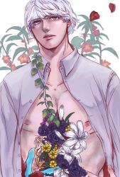 Rule 34 | 1boy, balsam (flower), blue eyes, blue flower, blue rose, buttercup (flower), chamomile, claws, collarbone, devil bringer, devil may cry, devil may cry (series), devil may cry 4, flower, gloriosa (flower), grey shirt, hand on own chest, highres, ivy, lily (flower), looking up, male focus, nero (devil may cry), nipples, open clothes, open shirt, parted lips, petals, purple flower, red flower, rose, shatotarou, shirt, short hair, simple background, solo, thistle, unbuttoned, white background, white flower, white hair, yellow flower